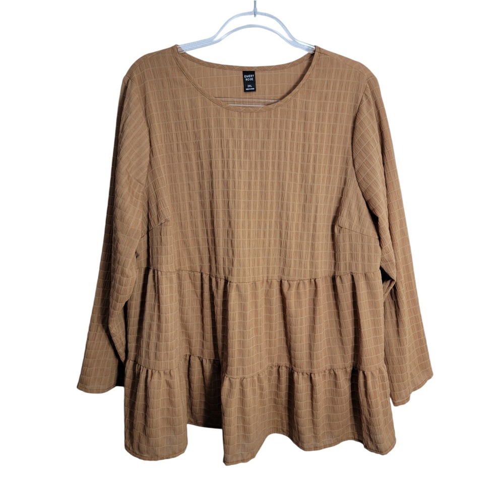 Emery Rose Womens 2XL Tunic Top Brown Tiered Long Sleeve Textured Peplum Boho